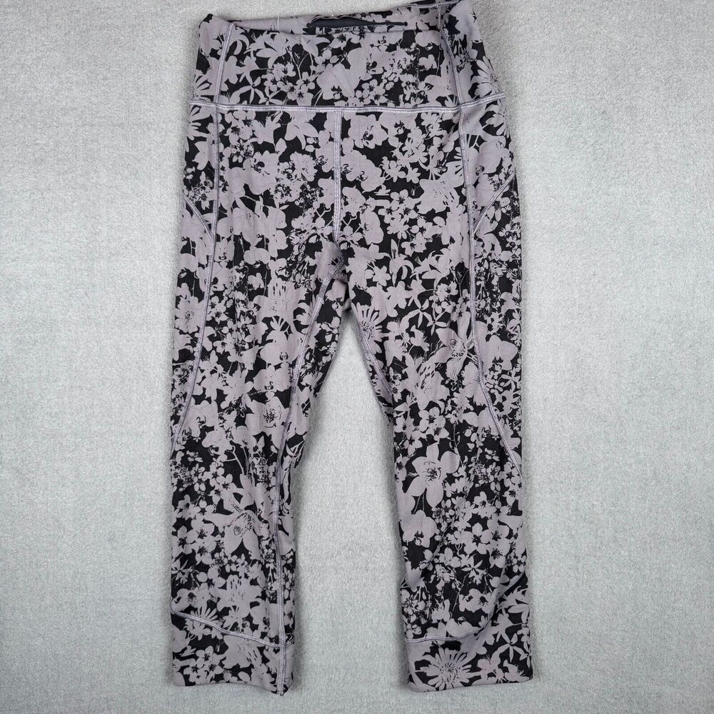 Lululemon Womens Size 6 Black And Gray Floral Crop Leggings Stretch Yoga Pants